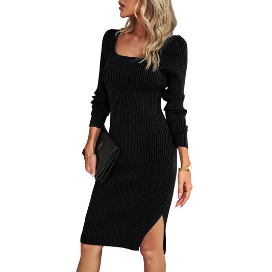 Women’s Fashion Temperament Square Collar Woolen Dress