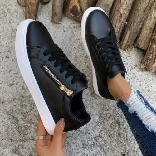 Women’s Flat Shoes PU Upper Rubber Sole Black and White Sizes 36-42 - Black / 36