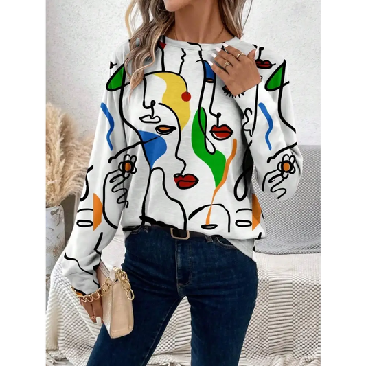 White long-sleeved shirt with abstract face design.