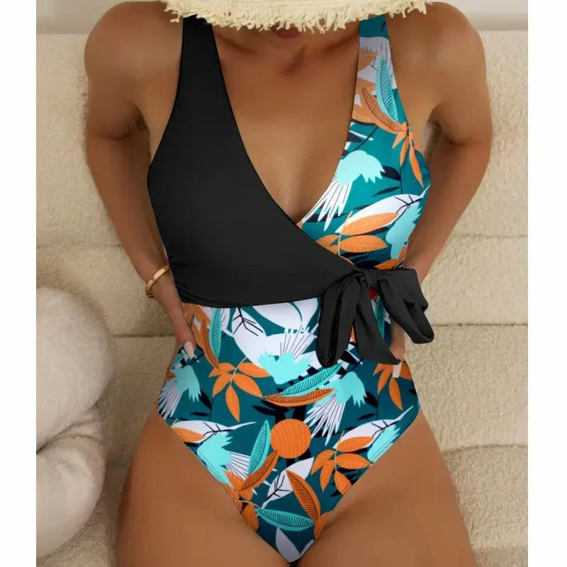 Women’s High Waist Polyester Printed One-piece Bikini - Printed Black / S