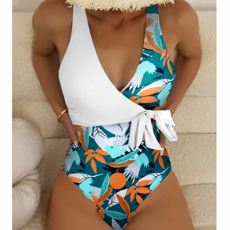 Women’s High Waist Polyester Printed One-piece Bikini - White With Printed Pattern / S
