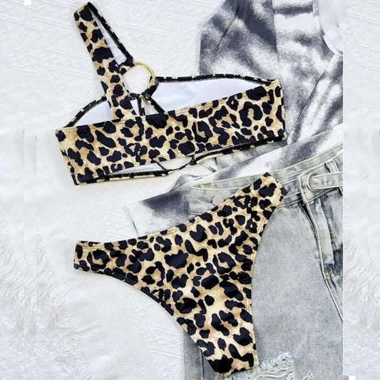Women’s Hollow Leopard Print Polka Dot Bikini