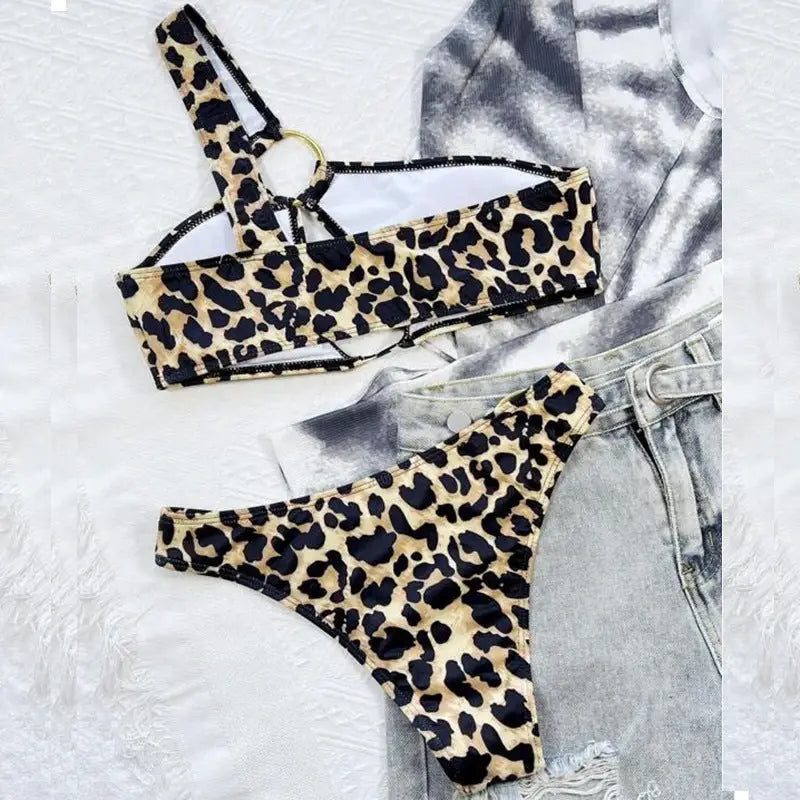 Women’s Hollow Leopard Print Polka Dot Bikini