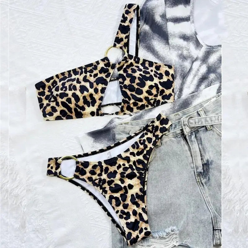 Women’s Hollow Leopard Print Polka Dot Bikini