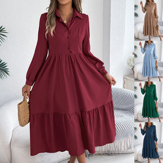 Women’s Lapel Casual Loose Long Sleeve Ruffled Shirt Dresses Long Sleeved Turn-down Collar Single-Breasted Dress Spring