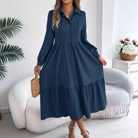 Women’s Lapel Casual Loose Long Sleeve Ruffled Shirt Dresses Long Sleeved Turn-down Collar Single-Breasted Dress Spring