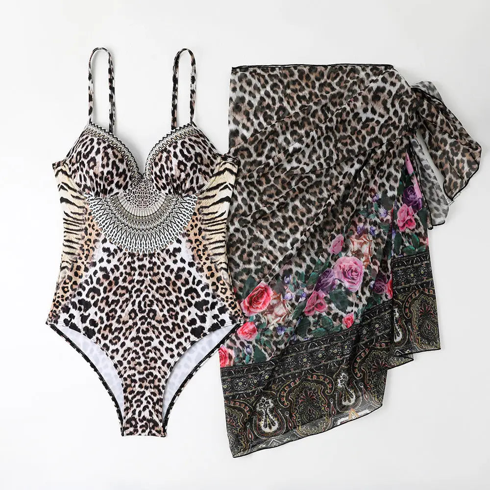 Women’s Leopard Print Casual One-piece Swimsuit Mesh Long Dress