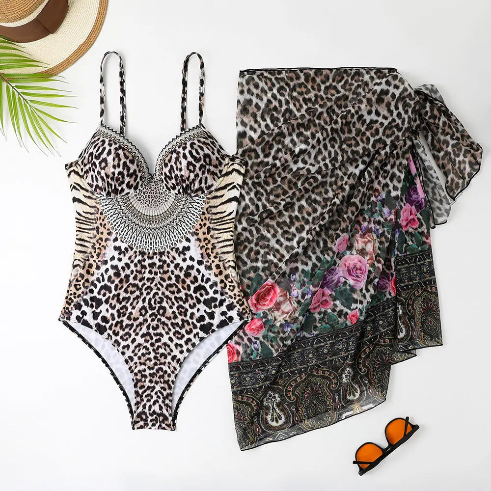 Women’s Leopard Print Casual One-piece Swimsuit Mesh Long Dress - Picture Color / S