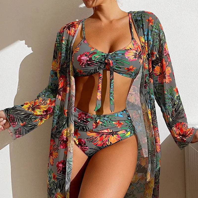Women’s Long Blouse Split Bikini Plus Size Suit - Dark Gray / S