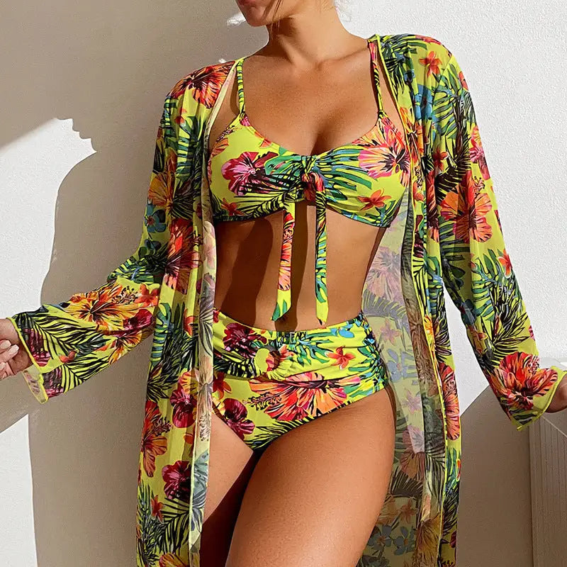 Women’s Long Blouse Split Bikini Plus Size Suit - Lemon Yellow / S