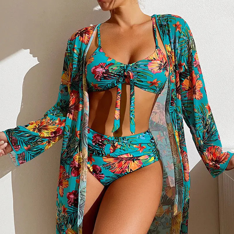 Women’s Long Blouse Split Bikini Plus Size Suit - Peacock Green / S