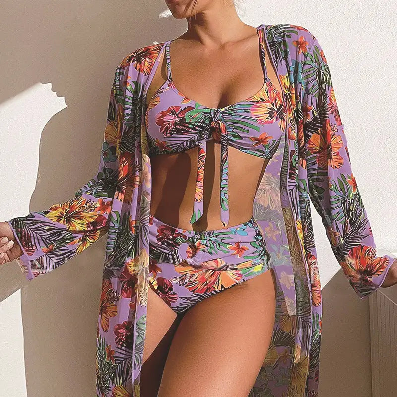 Women’s Long Blouse Split Bikini Plus Size Suit - Purple / S