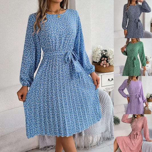Women’s Long-sleeved Floral Print Pleated Skirt