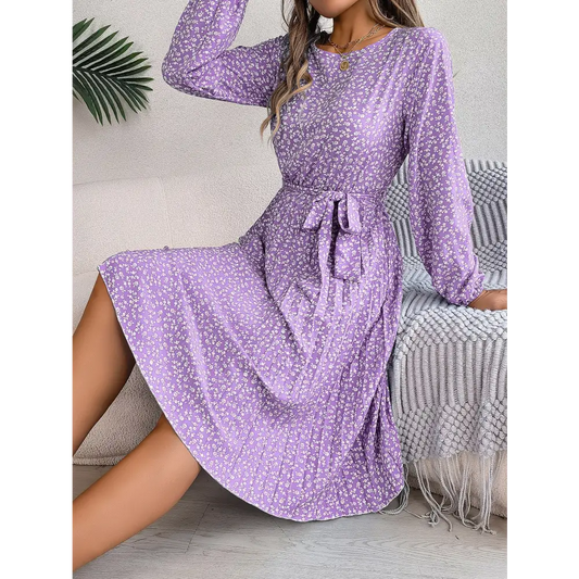 Women’s Long-sleeved Floral Print Pleated Skirt