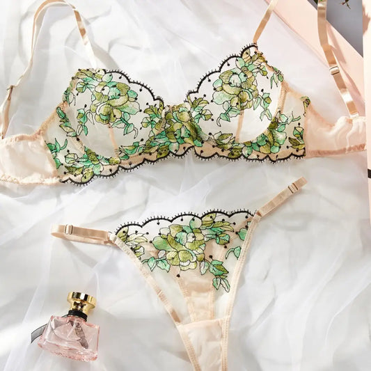 Women’s Mesh Multi-color Embroidery Transparent Underwear Suit