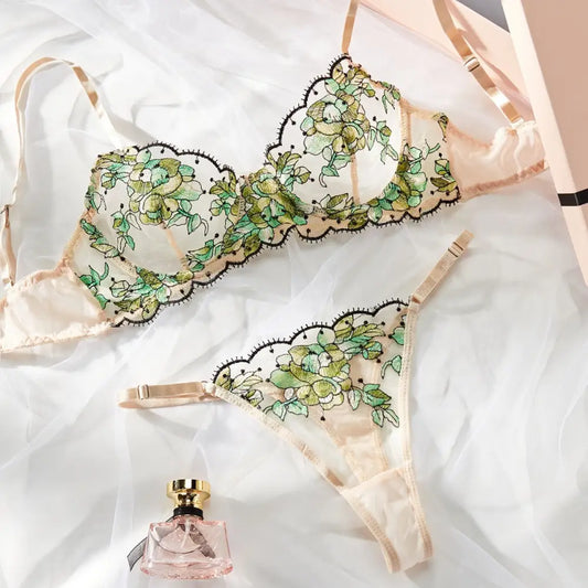 Women’s Mesh Multi-color Embroidery Transparent Underwear Suit