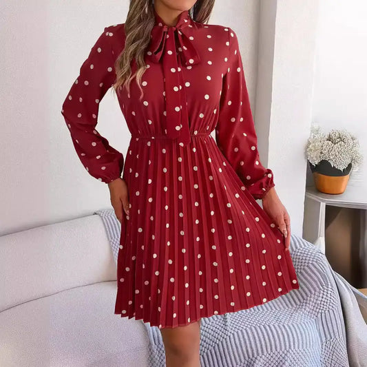 Women’s Polka-dot Self-tie Waist-controlled Long Sleeves Pleated Skirt