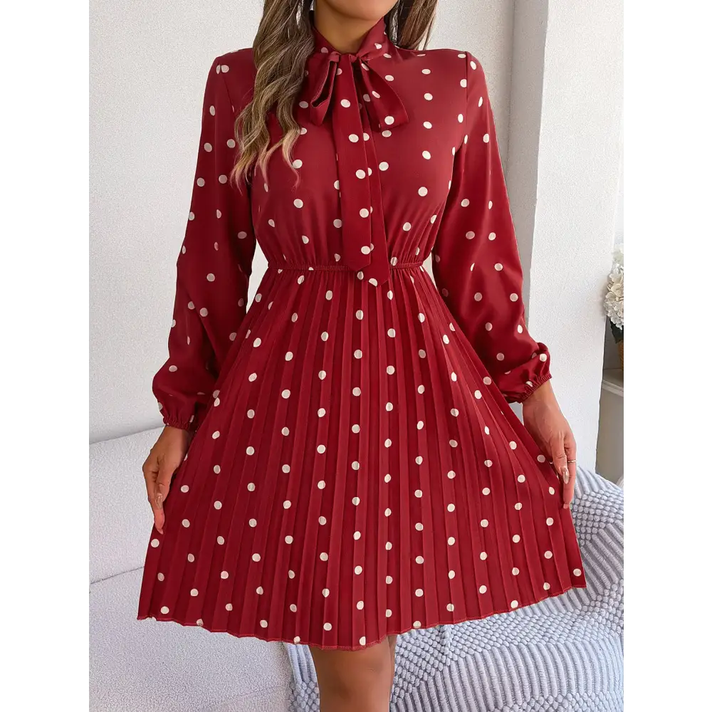 Women’s Polka-dot Self-tie Waist-controlled Long Sleeves Pleated Skirt