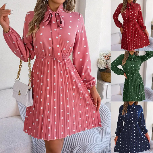 Women’s Polka-dot Self-tie Waist-controlled Long Sleeves Pleated Skirt