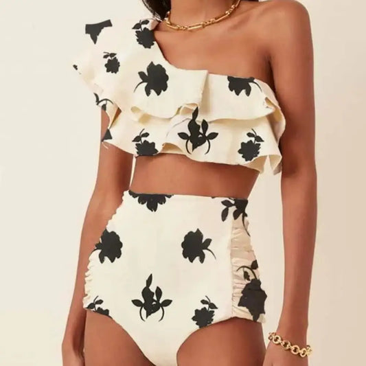 Women’s Printed Oblique Shoulder Ruffles High Waist Bikini Suit