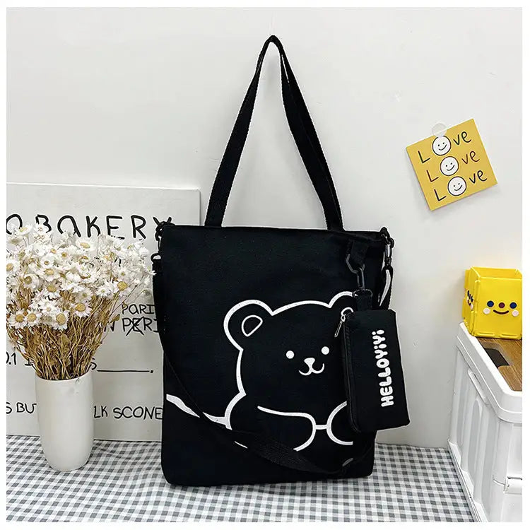 Women’s Soft Canvas Handbag with Outer Bag and Sandwich Pocket - Black