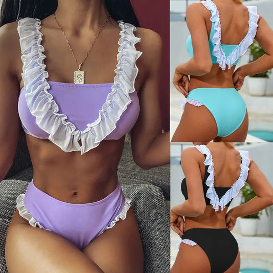 Women’s Solid Color Ruffled Bikini Split Swimsuit