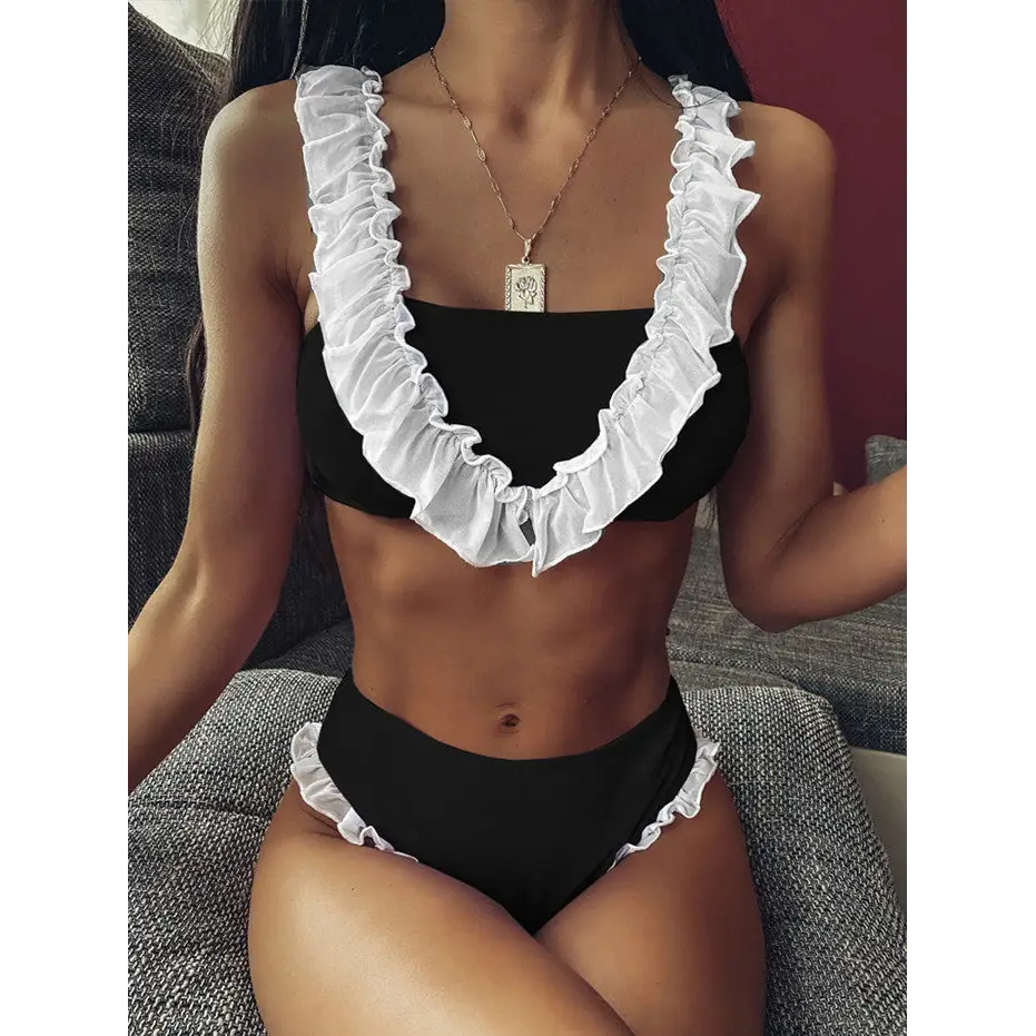 Women’s Solid Color Ruffled Bikini Split Swimsuit - Black / S
