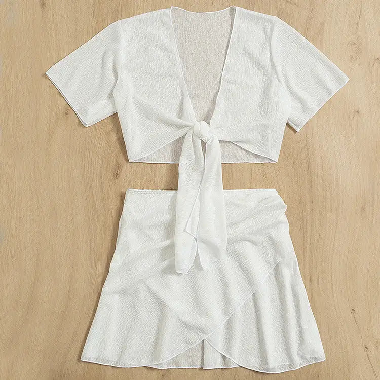 Women’s Solid Color Two-piece Swimsuit Sun-proof Beach Dress - White / S