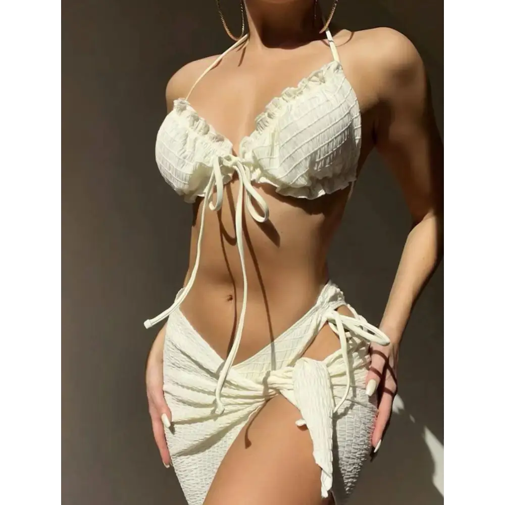Women’s Special Fabric Pleated Swimwear Swimsuit Three-piece Set