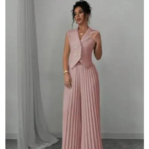 Pink pleated pantsuit.