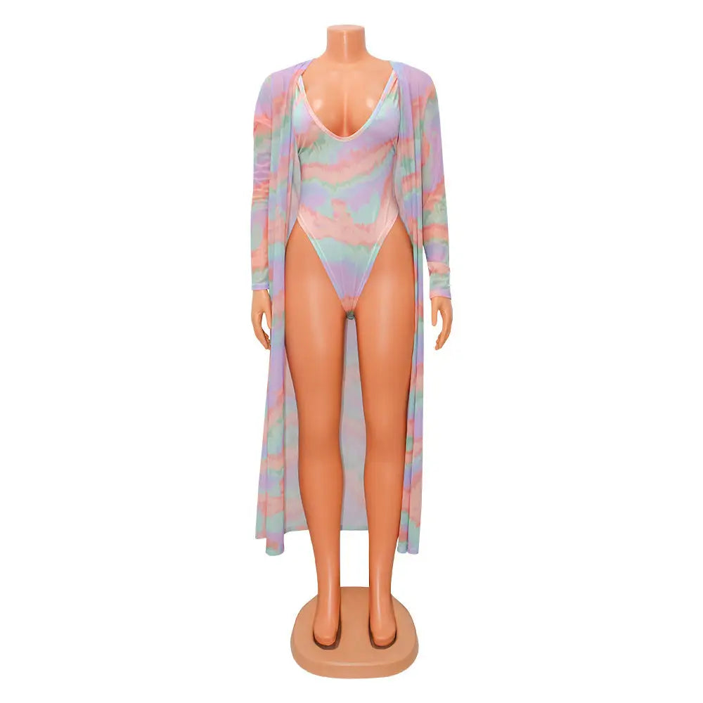 Women’s V-Neck Swimsuit Two Piece Long Sleeve Cape - 4