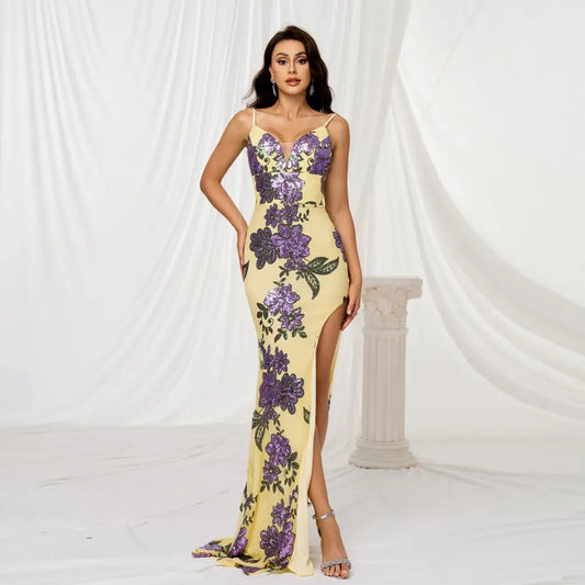 Yellow Sequin Elegant Polyester Dress in Multiple Sizes