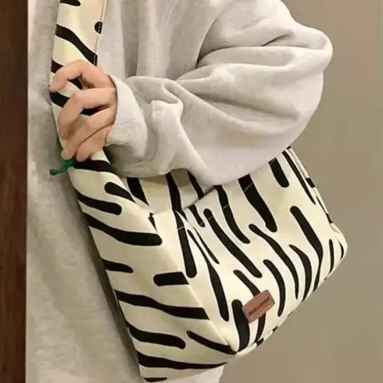 Zebra Stripe and Solid Canvas A4 Lined Shoulder Bag with Ivy Grass Pendant
