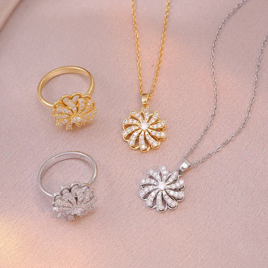 Zircon Flower Necklace Ring with Delicate Sparkling Design