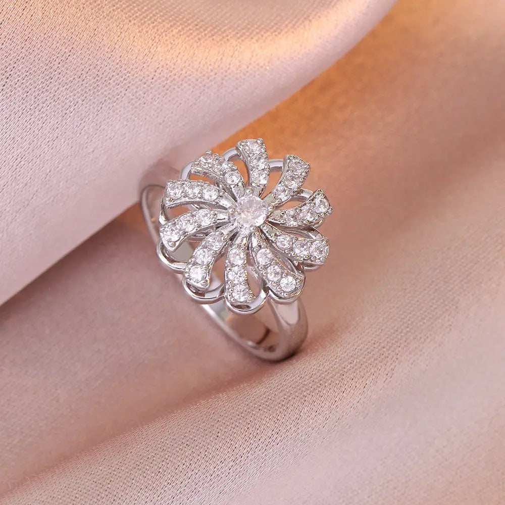 Zircon Flower Necklace Ring with Delicate Sparkling Design - J0351 Steel Flower Ring