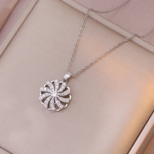 Zircon Flower Necklace Ring with Delicate Sparkling Design - X0687 Steel Flower Necklace