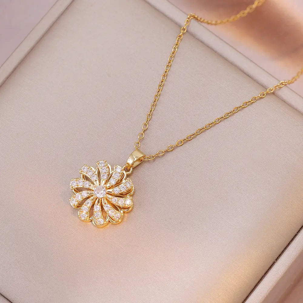 Zircon Flower Necklace Ring with Delicate Sparkling Design - X0691 Gold Flower Necklace