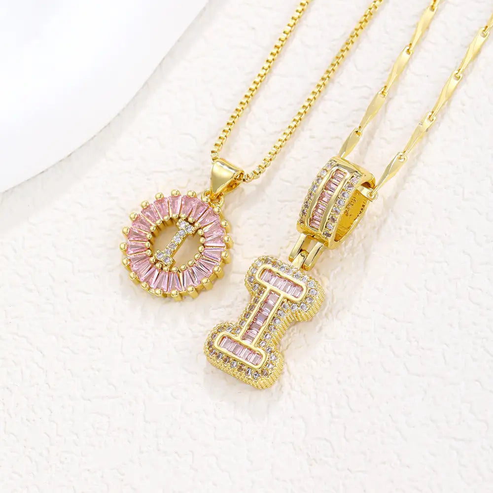Zircon Gold Copper 26 Letter Pendant Necklace - Gold