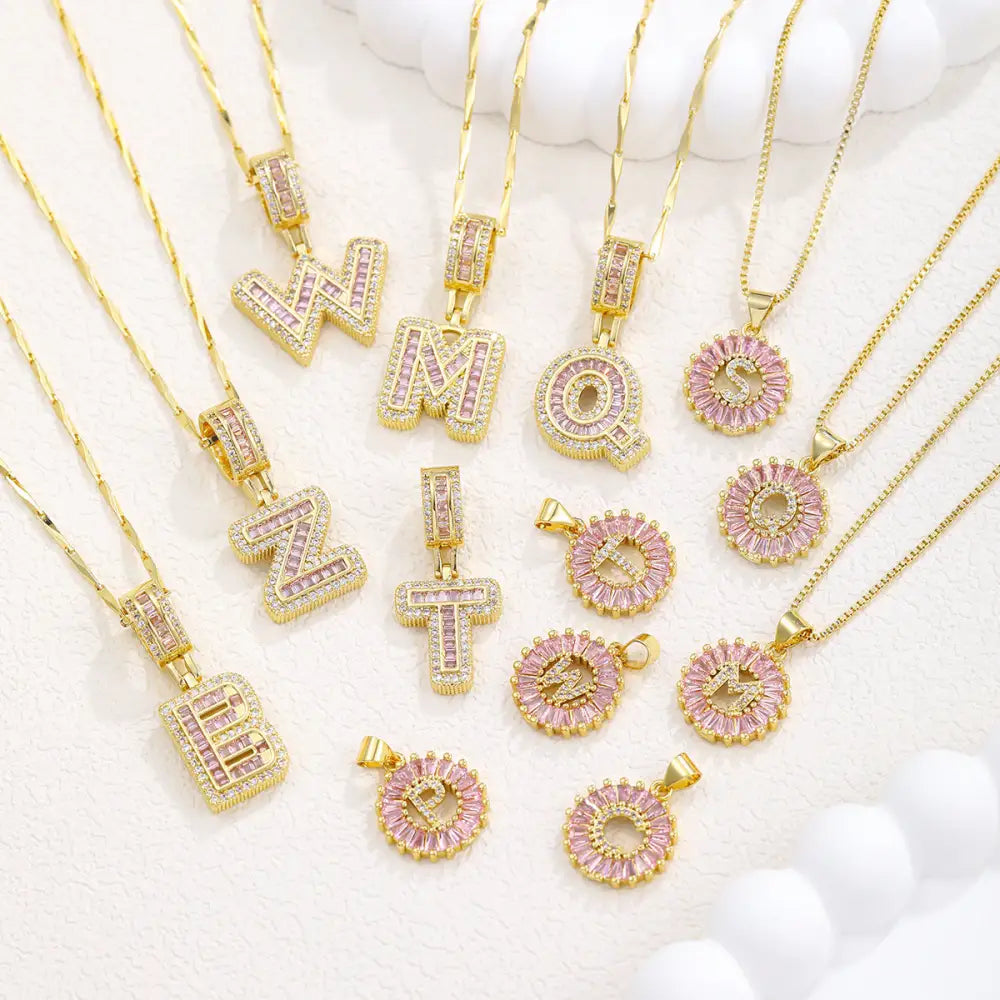 Zircon Gold Copper 26 Letter Pendant Necklace