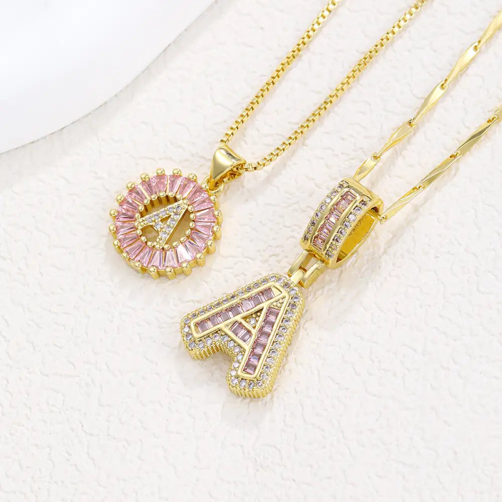 Zircon Gold Copper 26 Letter Pendant Necklace - Gold