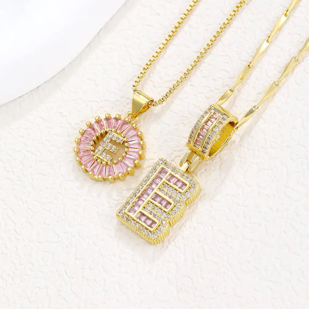 Zircon Gold Copper 26 Letter Pendant Necklace - Gold E