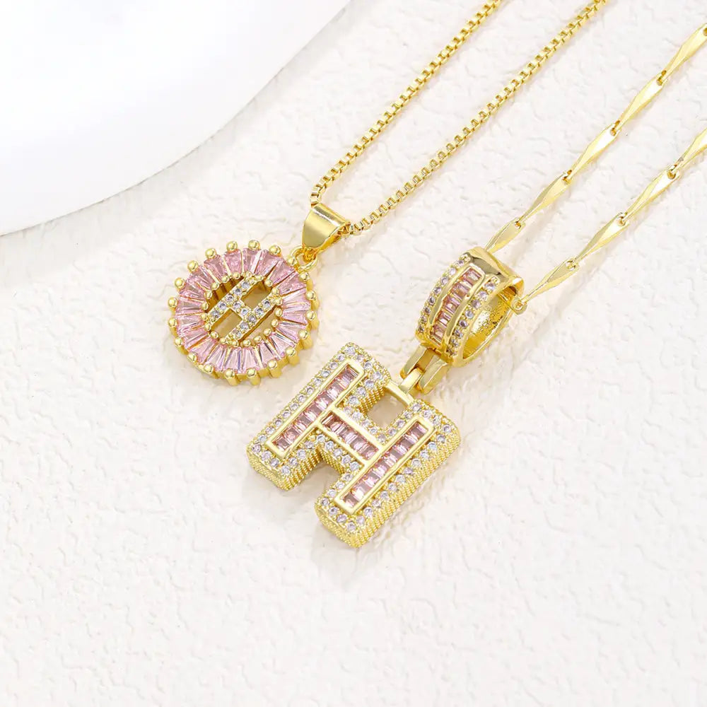 Zircon Gold Copper 26 Letter Pendant Necklace - Gold H