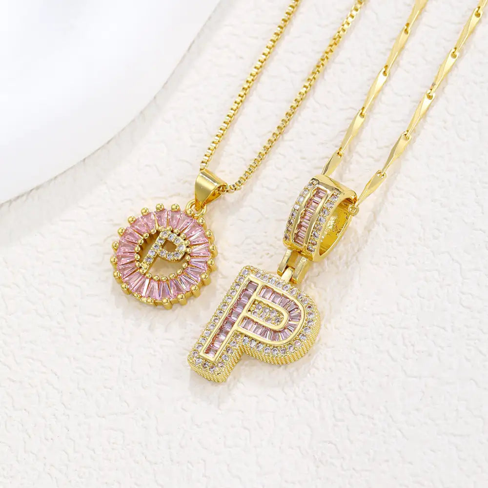 Zircon Gold Copper 26 Letter Pendant Necklace - Gold P