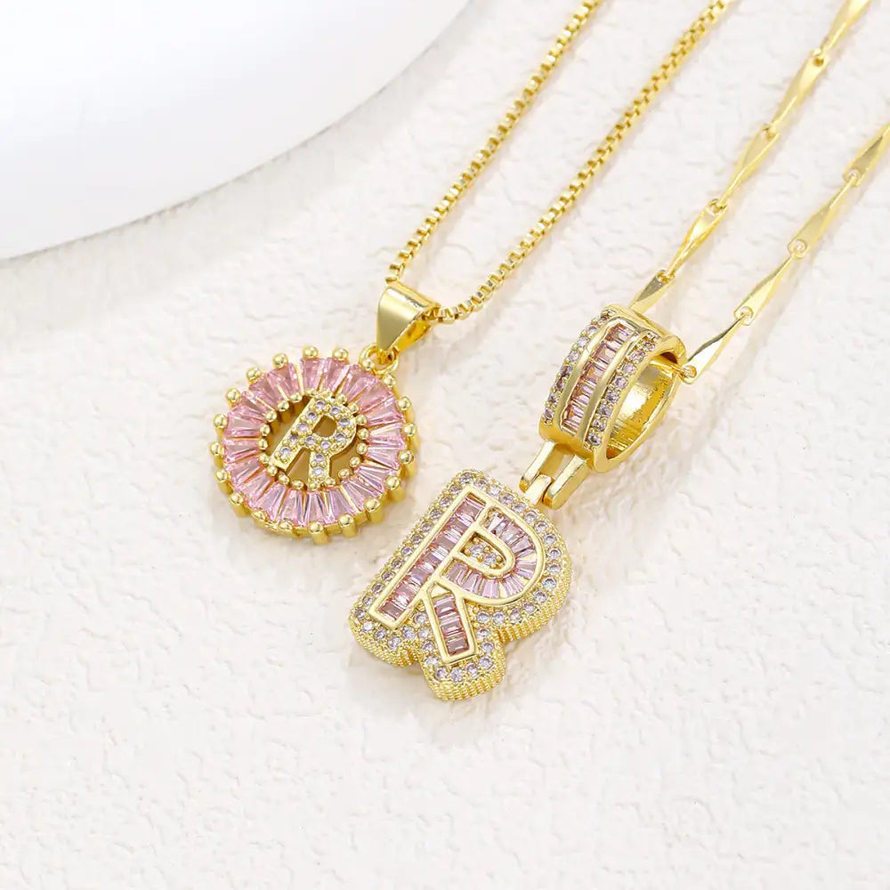 Zircon Gold Copper 26 Letter Pendant Necklace - Gold R
