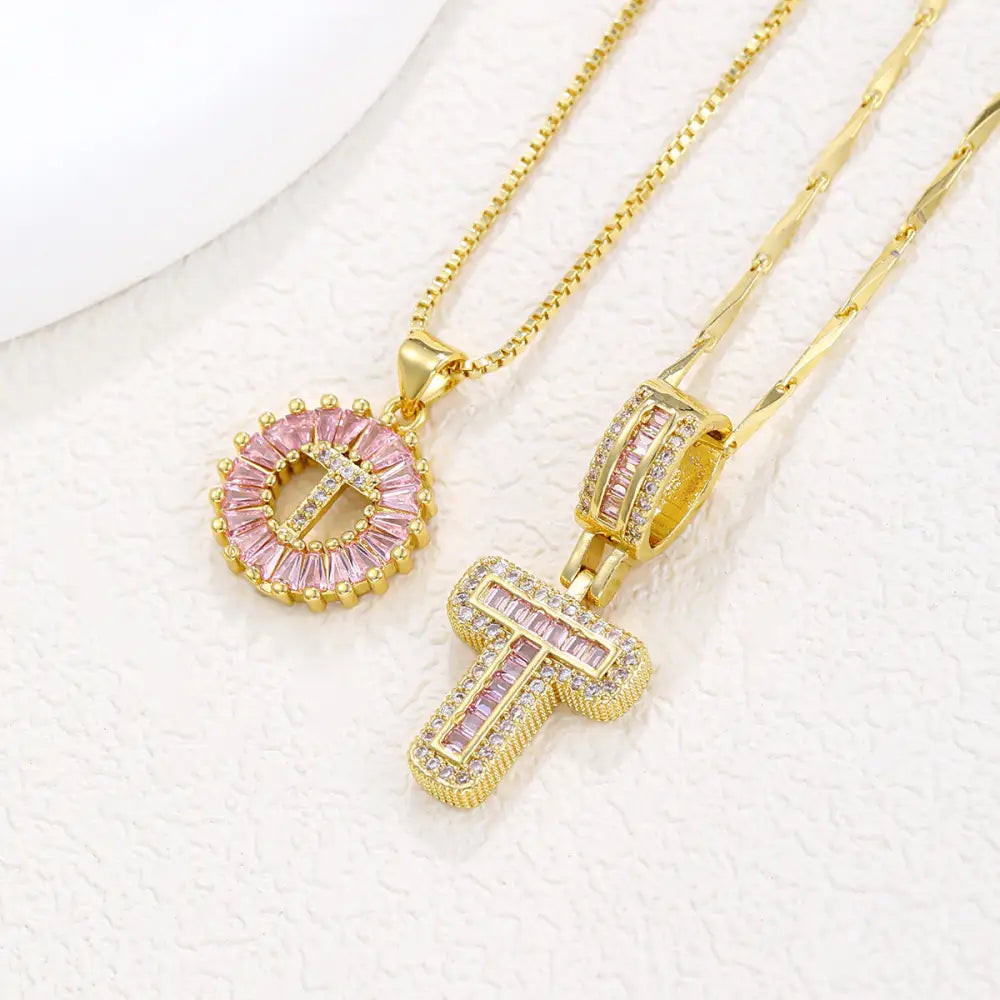 Zircon Gold Copper 26 Letter Pendant Necklace - Gold T