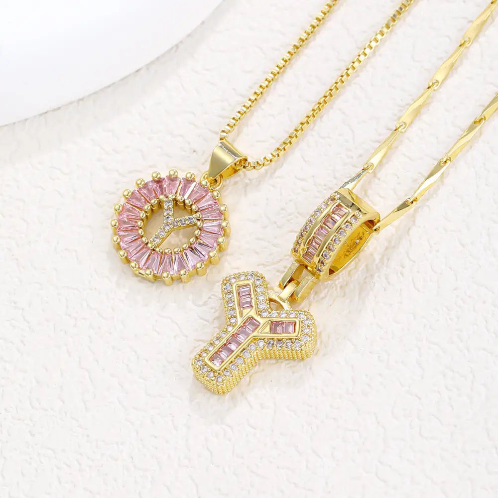 Zircon Gold Copper 26 Letter Pendant Necklace - Gold Y