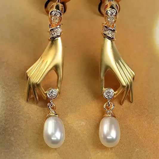 Zircon Palm Pearl Micro-Inlaid Eardrops - Gold
