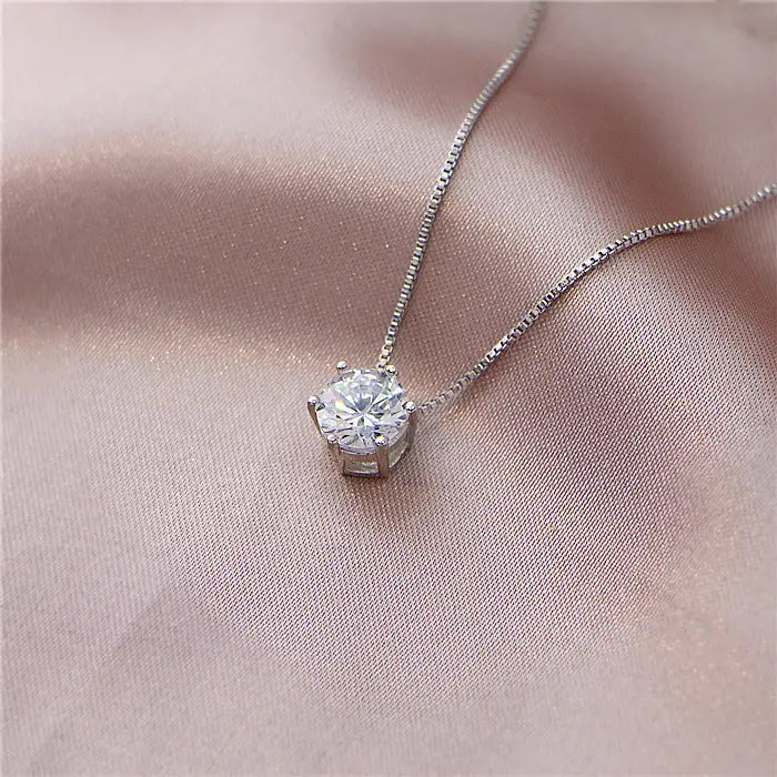 Zircon Six-claw Necklace - White Gold Color