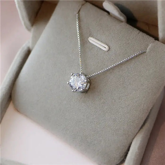 Zircon Six-claw Necklace - White Gold Color