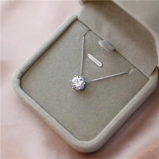 Zircon Six-claw Necklace - White Gold Color